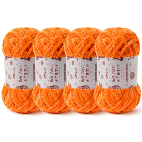 Image of 4x100g Fluffy Velvet Chenille Yarn for Crocheting and Knitting, 4x80m (87.5yd) Baby Yarn for Crocheting Soft, Crochet Chunky Yarns Amigurumi Yarns (4 Orange)