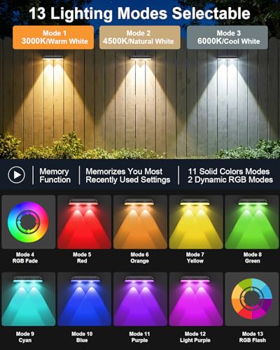 Image of 16 Pack Solar Fence Lights Outdoor ,Warm White + RGB 13 Color Mode Fence Lights Solar Powered with Ultra-Bright Lens IP65 Waterproof,Solar Wall Light for Backyard /Step /Patio /Deck /Stair /Railings /Fence