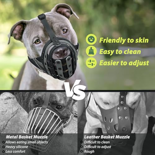 Image of Mayerzon Pitbull Dog Muzzle for Large Medium Dogs Prevent Biting Scavenging | Fits Rottweiler Amstaff Broad-nosed Breed, Sturdy Breathable Basket, Training Walking Use, Allows to Drink | Black Grey, M