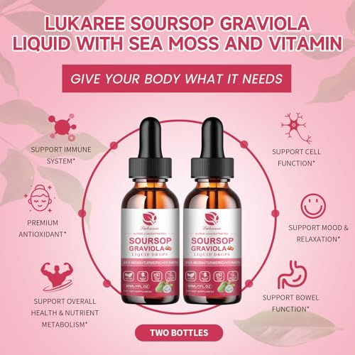 Image of (2 Pack)Whole Soursop Graviola Leaf Extract Liquid Drop with Irish Sea Moss | Herbal Soursop Bitters Liquid for Cell Support & Regeneration,Immunity and Gut Health丨Vegan,Non-GMO,Strawberry Flavor,1 Fl Oz