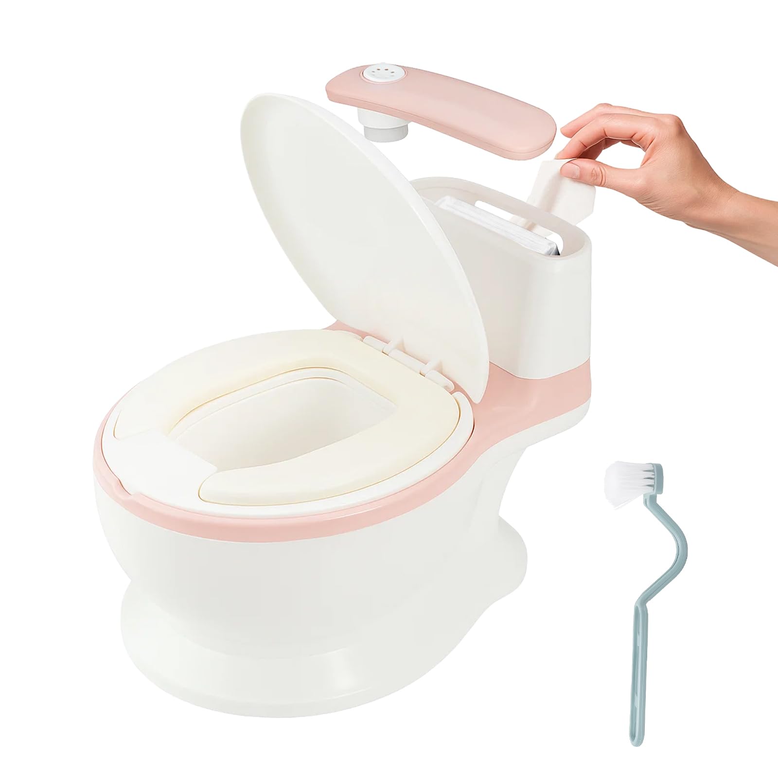Potty Training Toilet Seat for Toddlers, Realistic Baby Potty Chair for Boys and Girls, Kids Training Toilet with Splash Guard, Anti-Slip Base, Removable Bowl & Wipe Holder (White-Pink)
