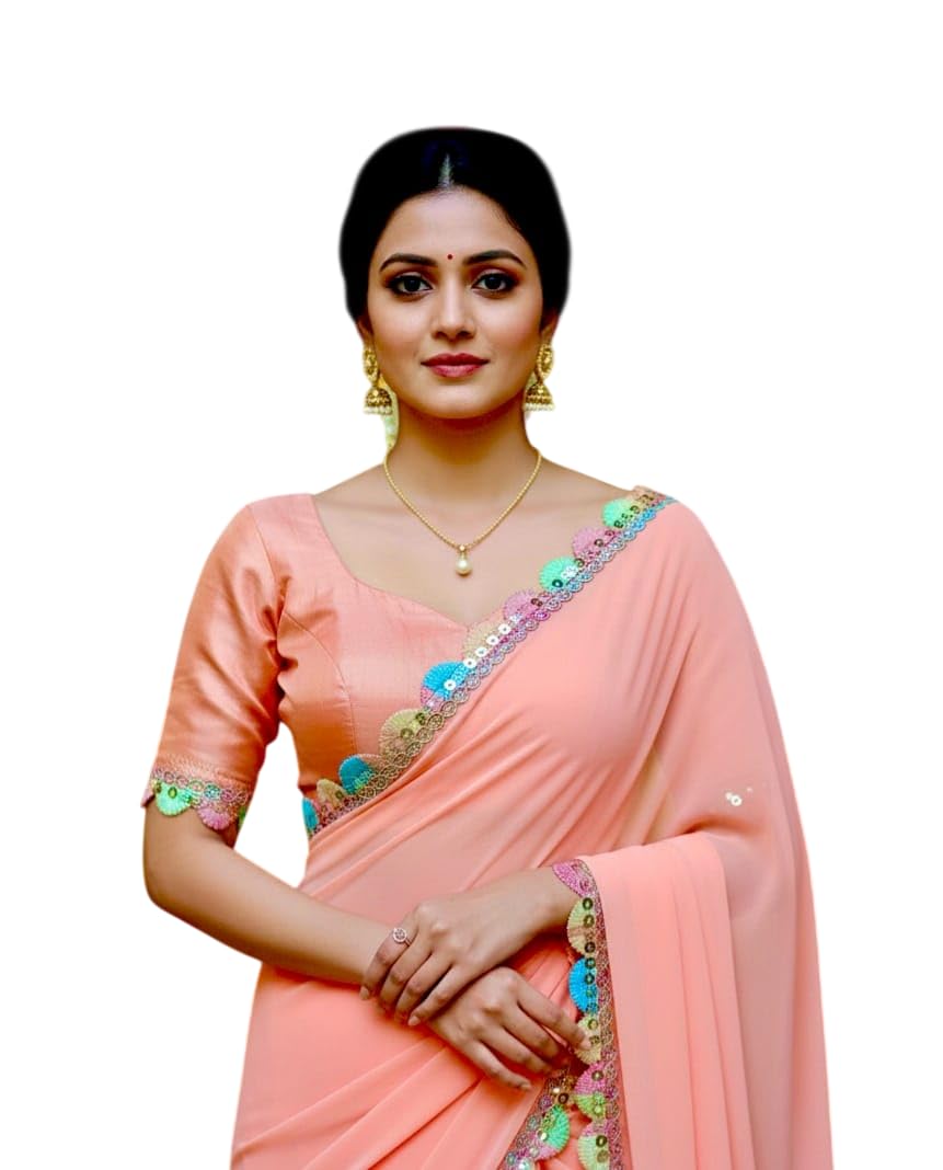 OMKARA Georgette Saree with Multicolor Floral Lace Border | Lightweight Ethnic Saree for Women | Soft & Flowy Fabric | Unstitched Blouse Piece Included (PICH)-picture-33