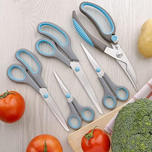 Asdirne Scissors, Kitchen Scissors with Sharp Stainless Steel Blades and Soft Handles, Multifunctional Scissors Set, 5Pcs, Blue/Grey