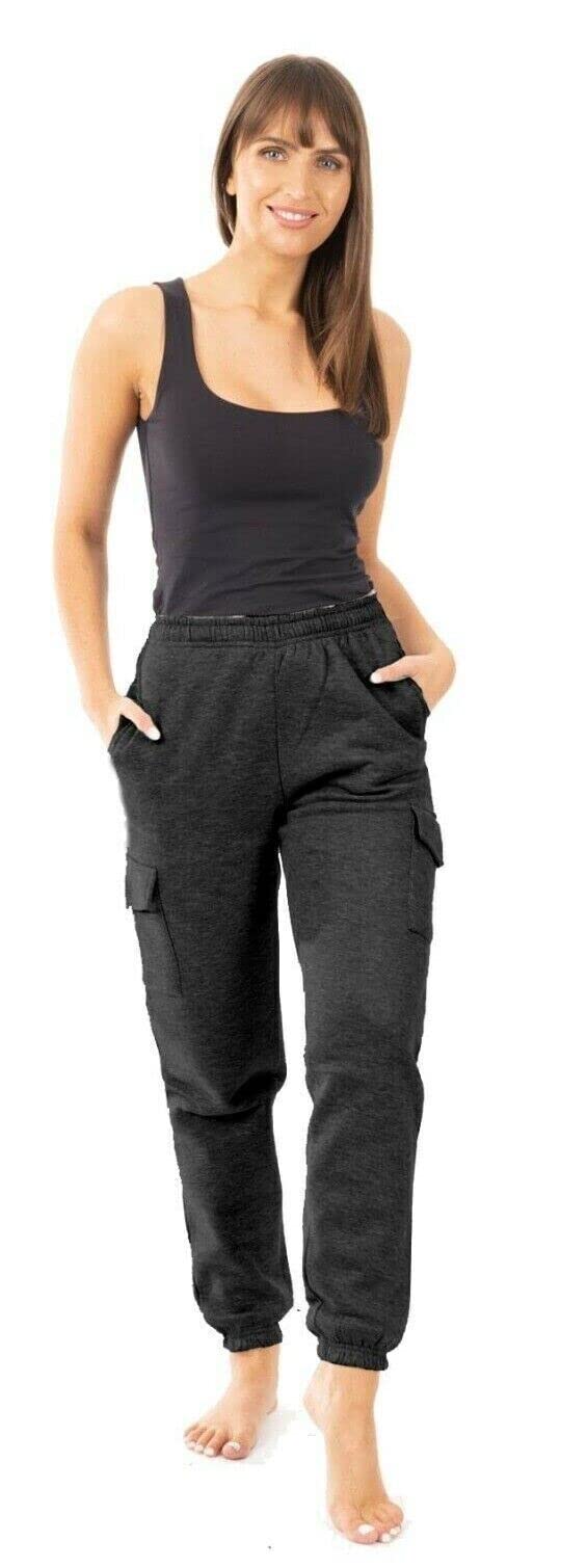 True Face (Xl) Ladies Fleece Cargo Trouser Combat Sweatpant Black