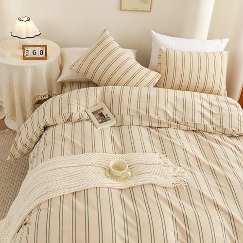 Image of ECOCOTT Duvet Cover Oversized King Size - Linen Feel Organic Natural 100% Washed Cotton, Soft Breathable & Durable Bedding Set, Comfy Stripe Design for All Seasons