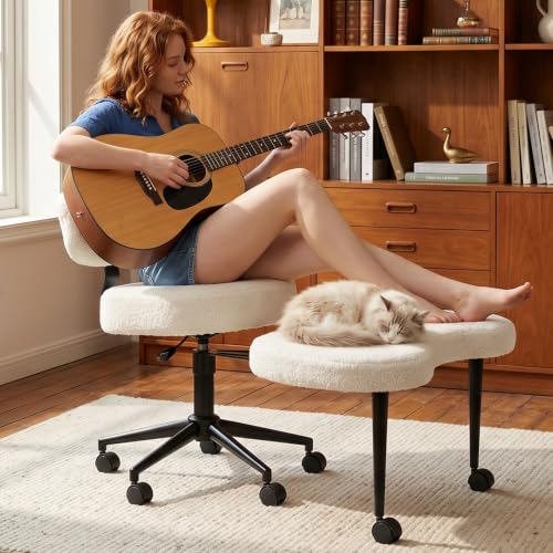 Image of DUMOS Ergonomic ADHD Meditation Office Desk Chair with Adjustable Backrest, Cross Legged Chair Height Adjustable with 360 Swivel Footstool, Yoga Stool for Home Office, Teddy Fabric White