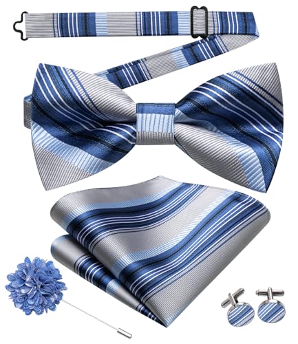 Image of Hi-Tie Bow Ties for Men Pre-Tied Pocket Square with Cufflinks Mens Bowtie Sets for Wedding Formal Party