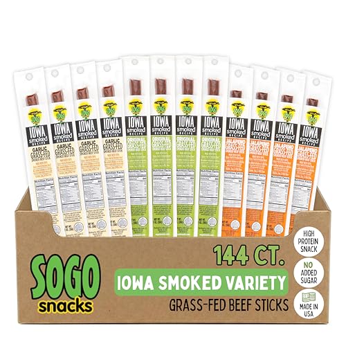 Variety Pack, Iowa Smoked Recipe, No Sugar, Non-GMO, 100% Grass Fed Beef Sticks. No Nitrates, Gluten, Soy, MSG, Dairy, or Nuts. Paleo, Whole30 and Keto Snack (48 Original, 48 Garlic, 48 Jalapeno)