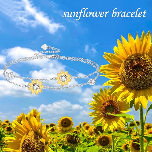 YAFEINI Sunflower Bracelet 925 Sterling Silver Layered Charm Bracelet Sunflower Jewelry for Women4