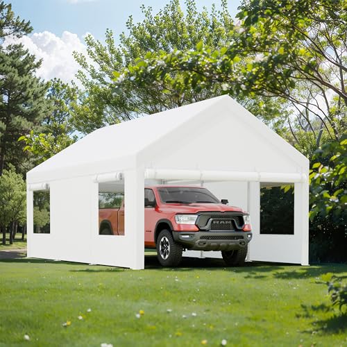 JY QAQA Carport, 12x20 FT Heavy Duty Carport with Removable Side Walls and Doors, Car Canopy with All-Season Tarp for Cars, Grey