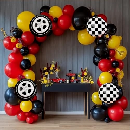 Race Car Balloon Garland Arch Kit 157Pcs Red Black Yellow Checkered Wheel Balloons for Race Car Birthday Party One Two Fast Decorations — view 4