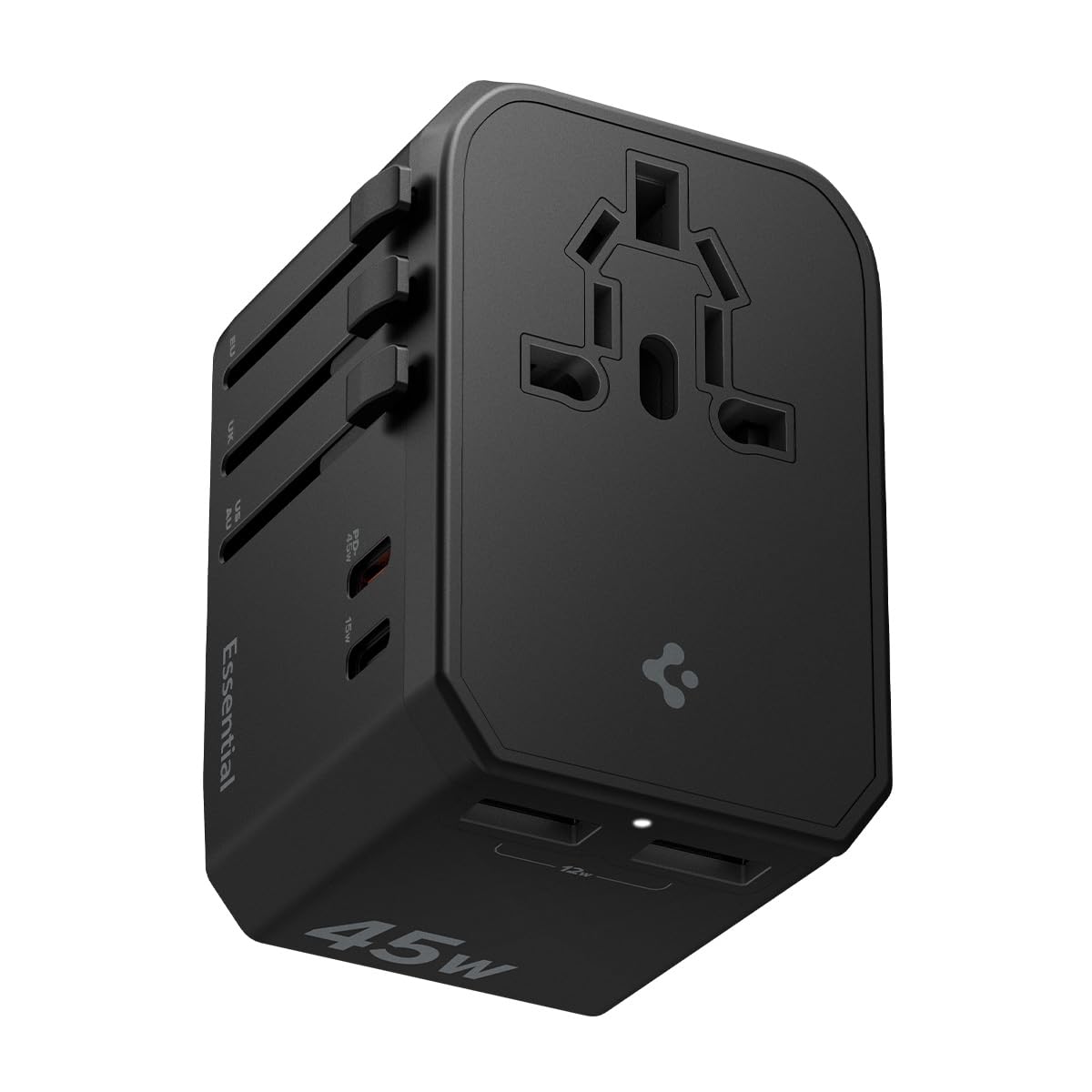 Spigen Universal Travel Adapter, 45W, 4 Port, All-in-One Global Compatibility (EU/UK/US/AU) - Black