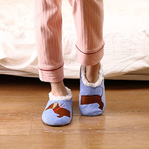 ZYZX Hausschuhsocken Damen mit Dackel Motiv Winter Warme Weiche Niedlich Kuschel Hausschuhe Lustige Flauschig Stoppersocken mit Antirutsch-Sohle Haussocken