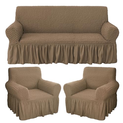 Image of House of Quirk Turkish Bubble Frill Five Seater 3 + 1 + 1 Sofa Slipcovers 280 GSM, Durable Washable Universal Triple Seater High Elastic Furniture Protector (Light Brown)