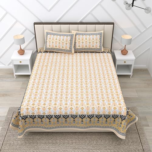 Image of RajasthaniKart Pure 100% Cotton 240 TC King Size BEDSHEET with 2 Pillow Cover - 90X108 (Suitable for King Size Bed Sheet or Double Bed, Yellow) PSP136