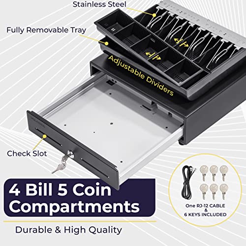 13" Cash Register Drawer For Point Of Sale (Pos) System With Fully Removable 2 Tier Cash Tray, 4 Bill/5 Coin, 24V, Rj11/Rj12 Key-Lock, Double Media Slot, Small Square Money Drawer, Black #TOP2