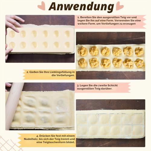 Foto von EUIOOVM Ravioli Maker Ravioli Former mit Nudelholz, Teigtaschenrad Former, Fleischspatel Raviolibrett für 12 Teigtaschen