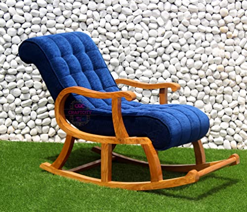 Image of CRAFTCITY Rocking Chair |Sheesham Wood Elegant Rocking Chair with Pillow and Matching Foot Stool and Pre assembeled(Royal Blue)