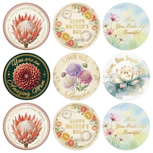 SICOHOME 72Pcs Happy Mother's Day Stickers - 1.5" Vintage Floral Mothers Day Gift Tags Sticker Mothers Day Label Stickers for Envelope Seals Boxes Cards Gift Wrap Scrapbook Party Favor Decorations