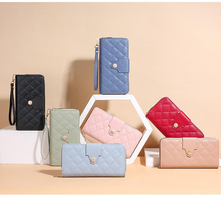 Women Wallet Long PU Leather with Zipper And Button Closure Card Slots Bracelet Coin Pouch (Red)2