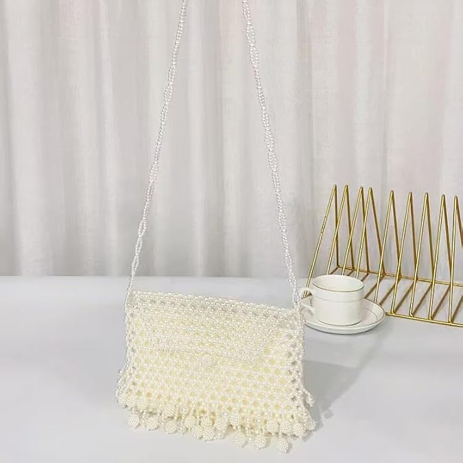 Pearl Beaded Evening Clutch Purse with Chain Strap, White, Metallic Frame