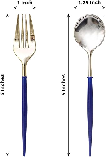 Miniatura 3 de Efavormart - Juego de cubiertos de plástico resistente dorado de 6 pulgadas, cubiertos de plástico con mango azul rey