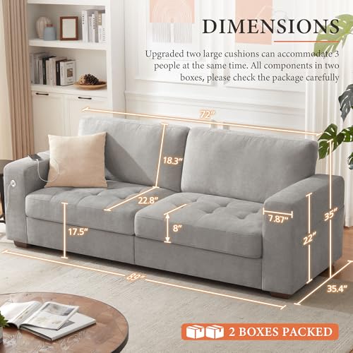 Image of Ihanherry Modern Sofas 2-Seater Couches for Living Room, Chenille Sofas with Extra Large Seat Width & Depth, USB /Type-C Charging Port & Side Pocket, Removable Medium Firm Sofa Cushion(89inch, Grey)