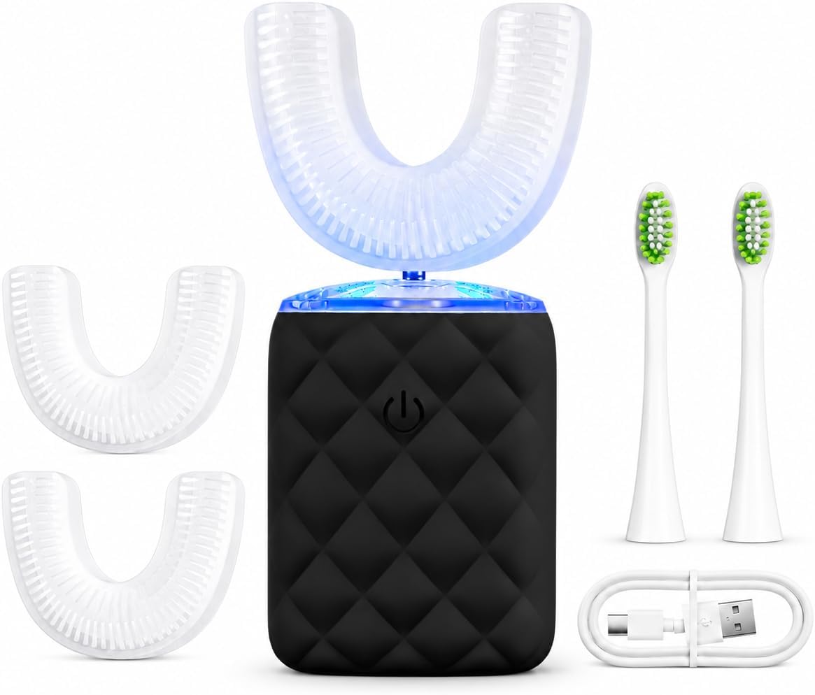 Sonic Automatic U Shaped Electric Toothbrush for Adults - 360° Full Mouth Cleaning, 5 Modes for Whitening & Gum Care, IPX7 Waterproof Rechargeable, Silicone Toothbrush Set