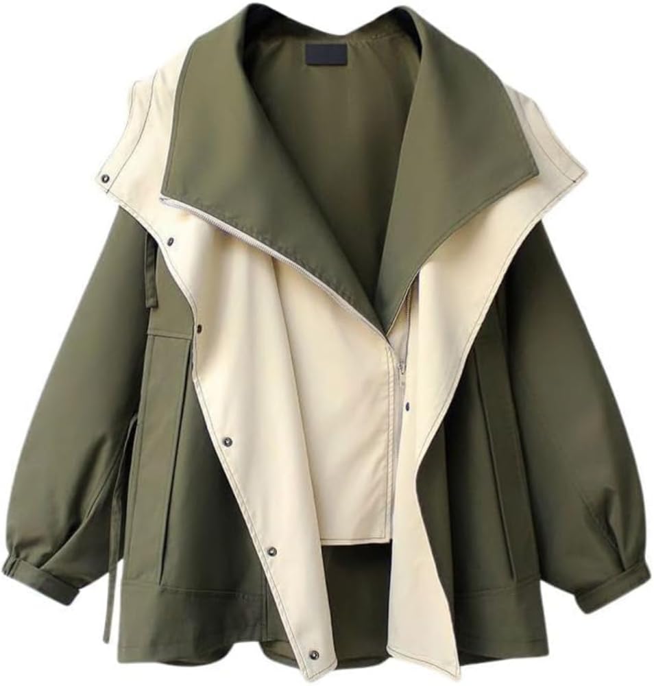 Femmes Lapel Casual Windbreaker Oversized Zipper with Drawstring Hooded Jacket Single Breasted Classic Lapel Oversized Windproof Coat