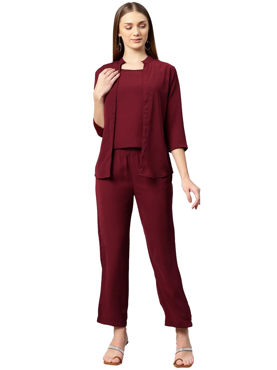 Women Maroon Solid Top with Trousers & Jacket Co Ords-image-49