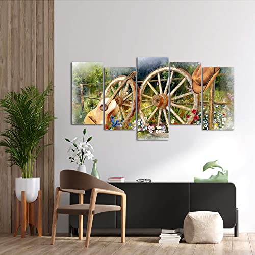 Levvarts Rustic Western Wall Art Decor Vintage Wheel Painting Canvas Cowboy Guitar Picture Poster Farm Country Scenic Theme Art Prints Easy To Hang #TOP1