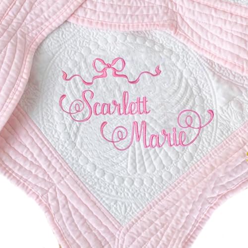 Personalized Baby Blanket Quilt with Name, Custom Embroidered Monogrammed and Bow Nursery Blankets Heirloom Quilt with Scalloped Edges Newborn Baby...