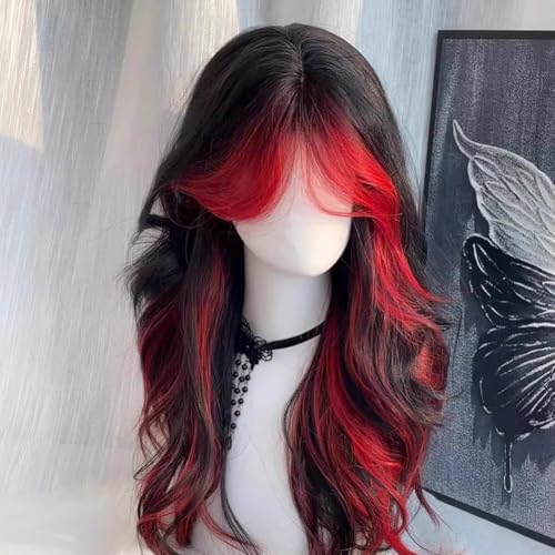 Perruque noire avec mèches rouges longue et bouclée pour métamorphose - 6