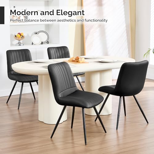 Image of Dining Chairs Set of 6, Modern Dining Chairs with Thick Cushions, PU Leather Upholstered Kitchen Dining Room Chairs with Metal Legs for Dining Living Room (Black)