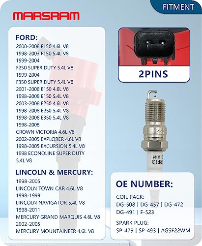Marsram Ignition Coil Pack DG508 & Spark Plugs SP479 Double Iridium for 2000 2001 2002 2003 2004 2005 2006 2007 2008 Ford F150 F250 F350 Lincoln Town Mercury 1998-2011 DG457 SP493 4.6L 5.4L V8