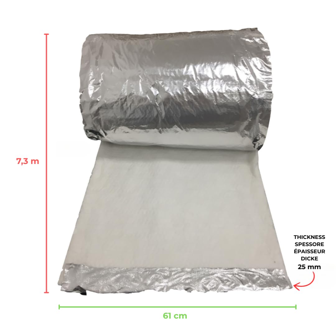 EINSIDE Rouleau de Fibre Céramique avec Aluminium, Isolation de cheminée, Tapis ignifuge haute température, 7,30 m x 61 cm, Épaisseur 25 mm, Densité 64 kg/m³