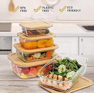 myAIMS Glass Food Container 4pk Set Rectangular Food Storage Containers With Eco-Friendly Airtight Bamboo Wood Lids -Plastic-Free, Heat And Cold Resistant Glass Ideal For Lunch, Meal Prep And Baking