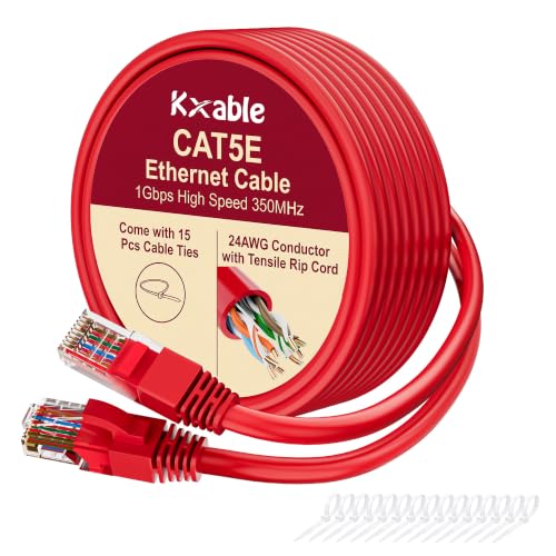Kxable Cat5e Ethernet Cable 25 FT, Cat 5e Internet Cable, Red Snagless Patch Cord, Flexible, Network, LAN, PoE, Standard RJ45 Connector for PC, Server, Router, Modem, TV, PS5 - with 15 Cable Ties