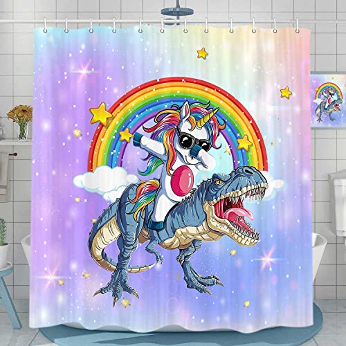 Cute Unicorn Riding Dinosaur Shower Curtain For Kids Bathroom, Funny Cartoon Rainbow Fantasy Galaxy Space Fabric Shower Curtains Set, Boys Girls Restroom Decor Accessories With Hooks 72X72 Inch #TOP28