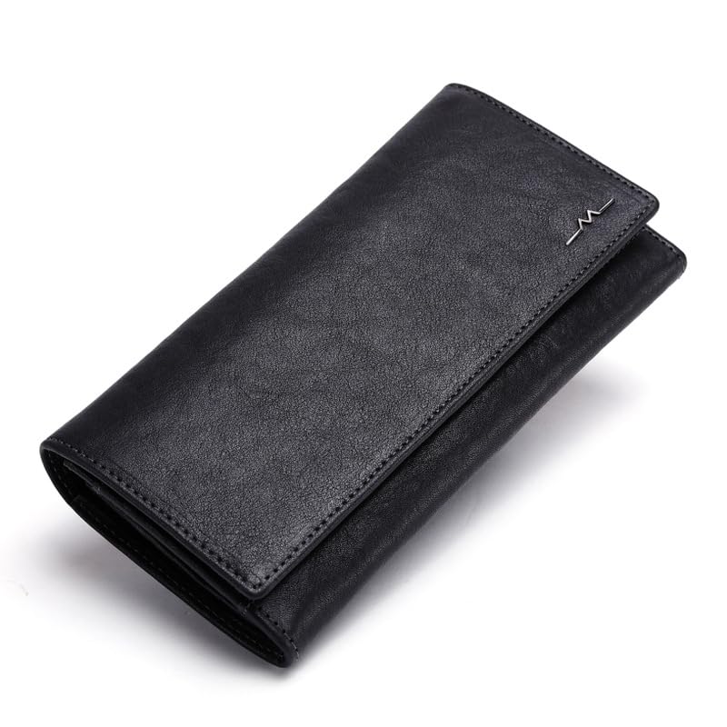 JIUFNEG Men's Genuine Cowhide Leather Long Wallet Business Handbag Multi-Card Pouch Multi-Compartment Wallet (Black)