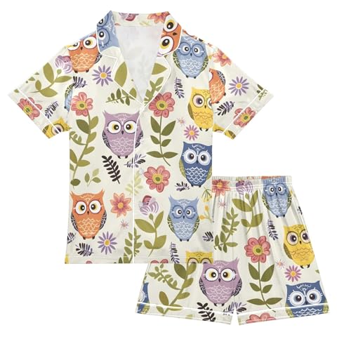 ALAZA Owl Bird Flower Pajamas Satin Pajama Set Short Sleeve Button Down Sleepwear
