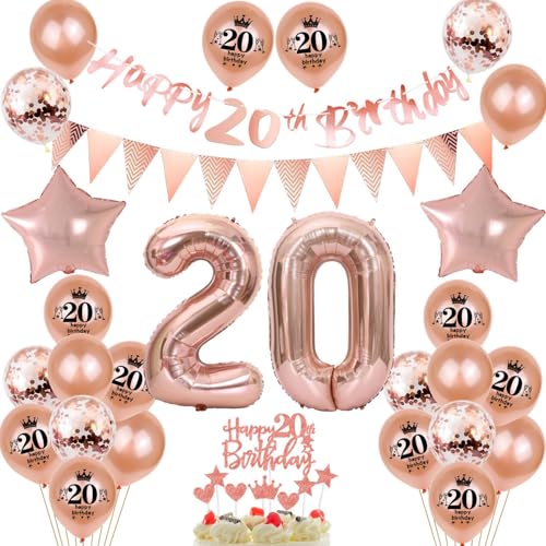 Decoração 20 anos aniversário mulher, ouro rosa bandeira 20 anos aniversário grinalda balões 20 anos aniversário mulher aniversário decoração bolo 20 anos mulher aniversário 20 anos balão decoração