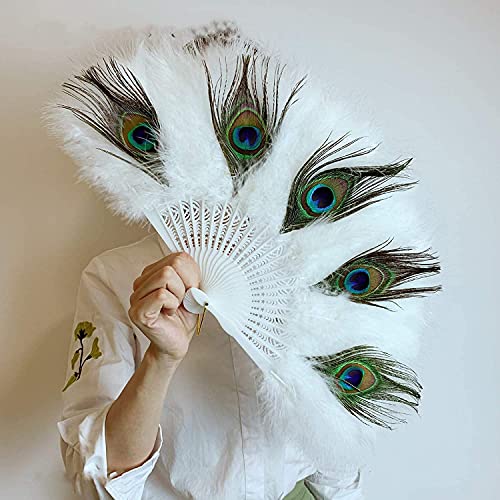 扇子 白孔雀羽根扇 白毛孔雀扇 バブリー ジュリアナ ダンス 踊り 昭和 ジュリ扇 舞踊扇 扇子舞台演出 チャイナドレス 歩く180度展開のサムネイル