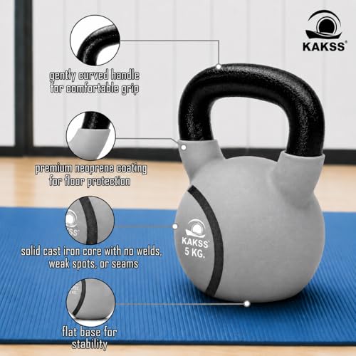 Image of Kakss Half Coating Neoprene Kettlebell (2kg to 40kg)(Proudly Made in India) (5kg, Grey)