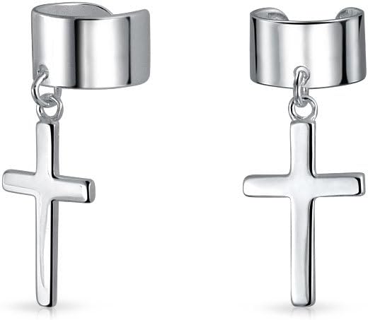 Unisex Cartilage Religious Dangling Ear Lobe Cross Earrings Ear Cuff For Men Women .925 Sterling Silver