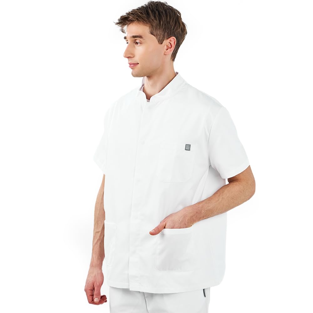MYLOOKPRO - Tunique Professionnelle Homme Blanche – Blouse Médicale Manches Courtes Polycoton – Col Officier Boutons Pression – 3 Poches – Tenue Infirmier, Laboratoire, Esthétique