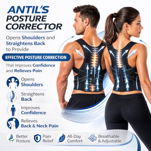 Image of ANTIL'S Posture Corrector Back Support Belt for Men & Women | Adjustable Back Straightener for Spine Alignment | Shoulder & Clavicle Support Brace | Universal Size Metallic Posture Corrector Belt