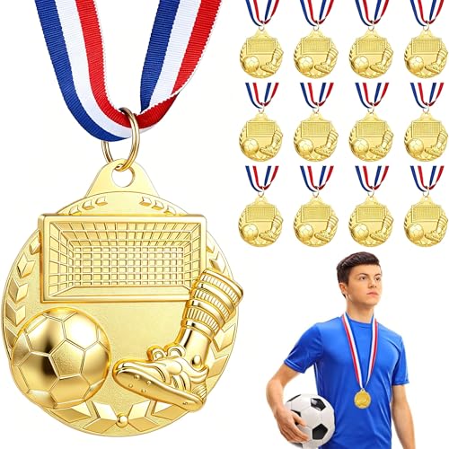 Hianjoo 12 Pièces Médailles de Football pour Adolescents et Adultes, Médailles en Métal Doré avec Ruban pour le Cou, Médaille de Participation pour les...