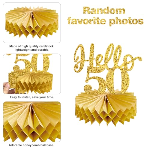 Image of Eucutur 8Pcs 50th Birthday Decorations Honeycomb Centerpieces for Women Men, Black Gold Vintage 1976 50th Bday Photo Table Centerpieces Party Supplies, Glitter Cheers to 50 Year Old Bday Table Topper