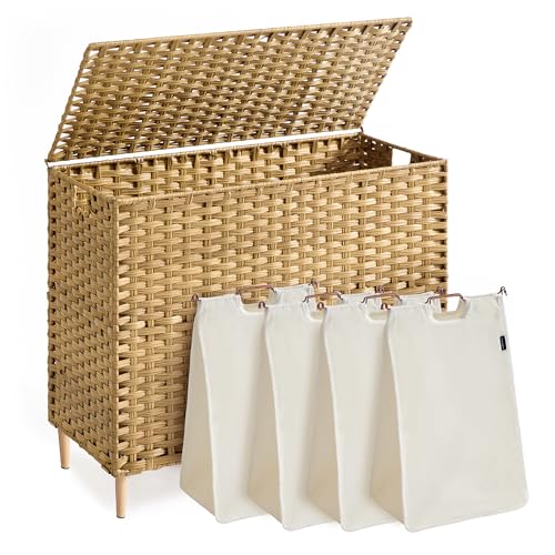 SONGMICS Laundry Hamper with Lid, 55.4 Gallon (210L) PE Rattan Laundry Basket with Removable Machine Washable Liners